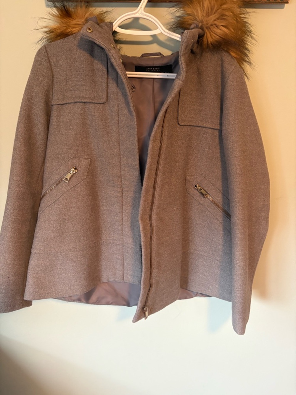 Zara Taupe Wool-Blend Pea Coat with Faux-Fur Hood